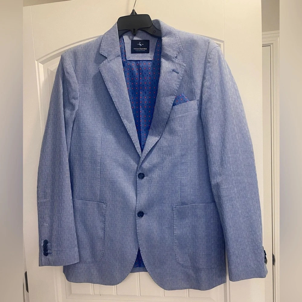 Tailor Byrd men's blazer 42L blue and white gingham plaid inside silky pattern